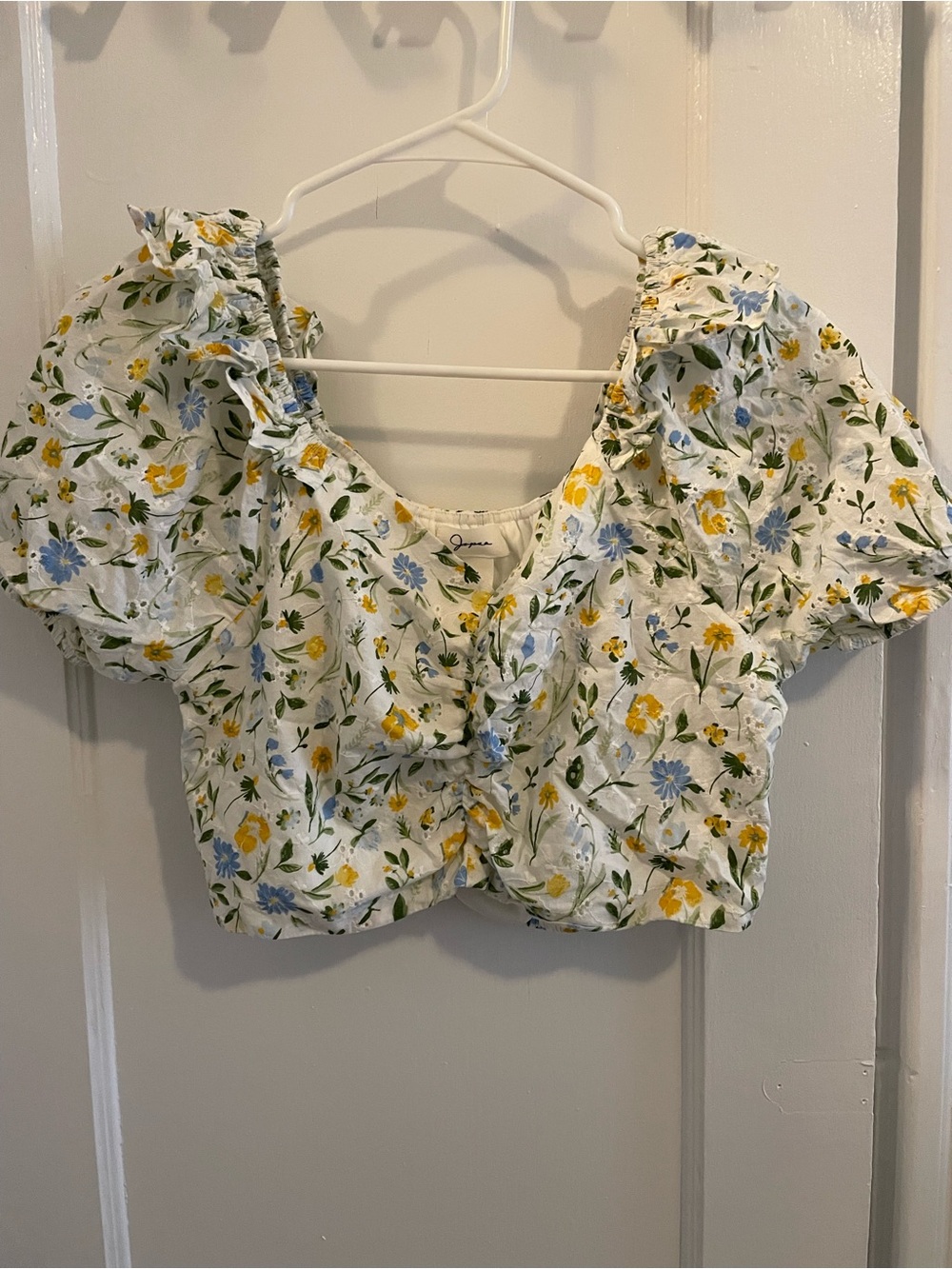 Japna White Floral Ruffle Puff Sleeve Crop Top with Blue & Yellow Flowers